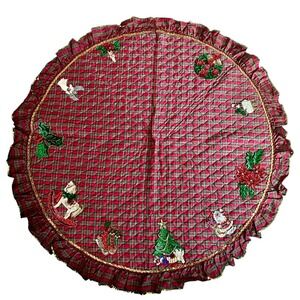 Vintage Christmas Santa Sequin Tree Skirt 57 Inch Plaid Santa Bells Angel Candle